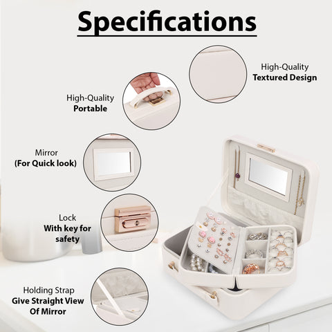 BUCKETLIST® PU Leather Jewellery Organizer Box with Mirror & Necklace Hooks | Large Multi-Compartment Jewelry Storage Case with Removable Tray & Mini Travel Box (Luxury Jewelry Box with Mirror (Black, Pink, Red, White, Cramel)
