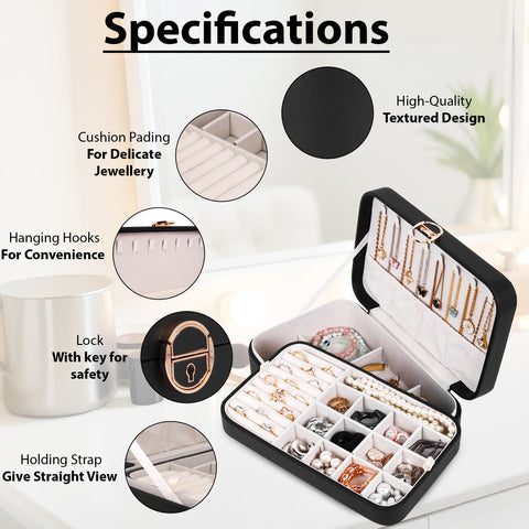 KRISHYAM® Luxury Lockable Jewelry Organizer Box – Portable PU Leather Organizer with Removable Tray for Rings, Earrings, Necklaces, and Bracelets (Black, Grey, White, Pink)