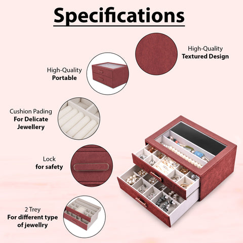 BucketList® Premium PU Leather Jewellery Organizer Box with Glass Lid | 2 Pull-Out Drawers Multi-Compartment Storage for Rings, Earrings, Necklaces & Bracelets (2-Layer Jewelry Box (Black, Pink, Red, White)