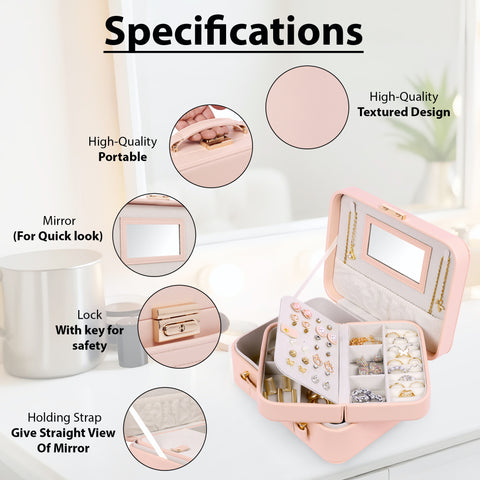BUCKETLIST® PU Leather Jewellery Organizer Box with Mirror & Necklace Hooks | Large Multi-Compartment Jewelry Storage Case with Removable Tray & Mini Travel Box (Luxury Jewelry Box with Mirror (Black, Pink, Red, White, Cramel)