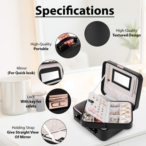 BUCKETLIST® PU Leather Jewellery Organizer Box with Mirror & Necklace Hooks | Large Multi-Compartment Jewelry Storage Case with Removable Tray & Mini Travel Box (Luxury Jewelry Box with Mirror (Black, Pink, Red, White, Cramel)