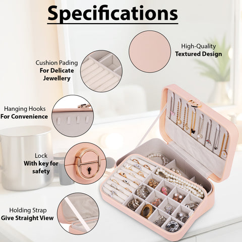 KRISHYAM® Luxury Lockable Jewelry Organizer Box – Portable PU Leather Organizer with Removable Tray for Rings, Earrings, Necklaces, and Bracelets (Black, Grey, White, Pink)