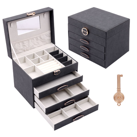 BucketList® Luxury PU Leather Jewellery Organizer Box with Mirror & Lock | 3 Drawer Jewelry Storage Case with Ring Rolls & Compartments (4 Drawers Jewelry Box with Mirror (Black,Gery, Pink, Red