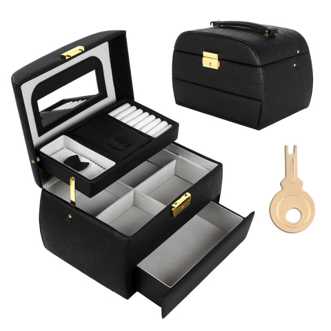 KRISHYAM® Luxury Lockable 3 Layer Leather Jewelry Box Organizerwith Mirror, Drawer & Key – Black Faux Leather Travel Case for Women & Girls