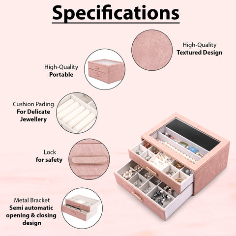 BucketList® Premium PU Leather Jewellery Organizer Box with Glass Lid | 2 Pull-Out Drawers Multi-Compartment Storage for Rings, Earrings, Necklaces & Bracelets (2-Layer Jewelry Box (Black, Pink, Red, White)