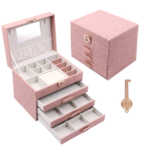 BucketList® Luxury PU Leather Jewellery Organizer Box with Mirror & Lock | 3 Drawer Jewelry Storage Case with Ring Rolls & Compartments (4 Drawers Jewelry Box with Mirror (Black,Gery, Pink, Red