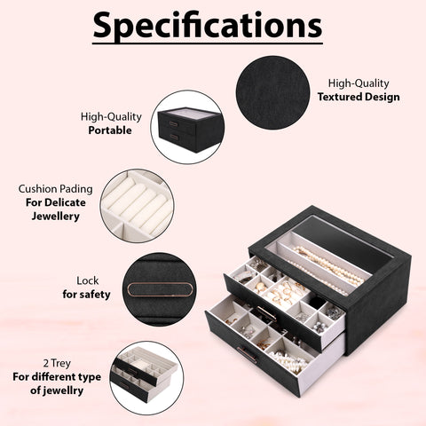 BucketList® Premium PU Leather Jewellery Organizer Box with Glass Lid | 2 Pull-Out Drawers Multi-Compartment Storage for Rings, Earrings, Necklaces & Bracelets (2-Layer Jewelry Box (Black, Pink, Red, White)
