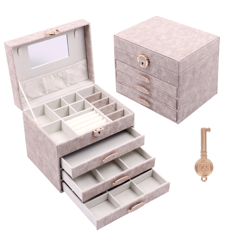 BucketList® Luxury PU Leather Jewellery Organizer Box with Mirror & Lock | 3 Drawer Jewelry Storage Case with Ring Rolls & Compartments (4 Drawers Jewelry Box with Mirror (Black,Gery, Pink, Red
