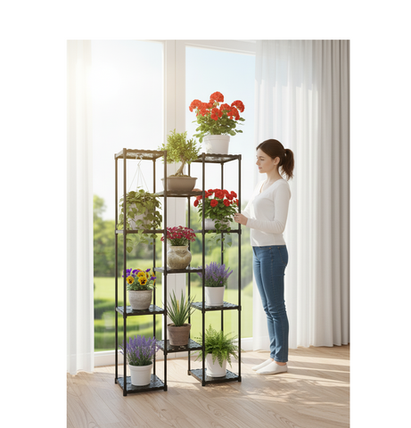 KRISHYAM® 11-Tier Plastic Flower Stand for Indoor & Outdoor | Multi-Layer Plant Display Rack for Pots | Rust-Free, Heavy-Duty Garden Organizer Shelf (BLACK, 11 TIER)