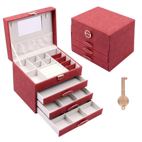 BucketList® Luxury PU Leather Jewellery Organizer Box with Mirror & Lock | 3 Drawer Jewelry Storage Case with Ring Rolls & Compartments (4 Drawers Jewelry Box with Mirror (Black,Gery, Pink, Red
