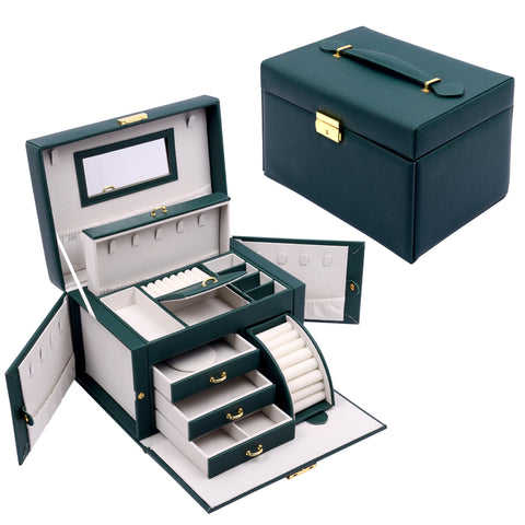 KRISHYAM® Jewelry Box, 4 Layer Leather Jewelry Boxes, Jewelry Organizer with Mirror and Lock for Girls Women Bracelets Rings Necklaces Earrings (Black, Green, Pink, White)