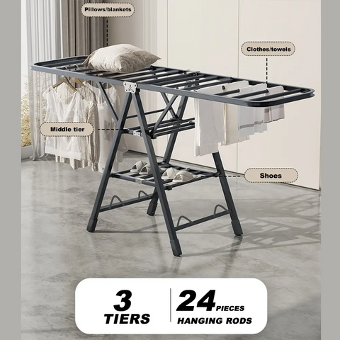 KriShyam® Clothes Drying Rack,Foldable 3-Level Laundry Drying Rack,Free-Standing Rack with Height-Adjustable Wings 22 Drying Rails,with Shoe Holder with 4 Wheels,Grey