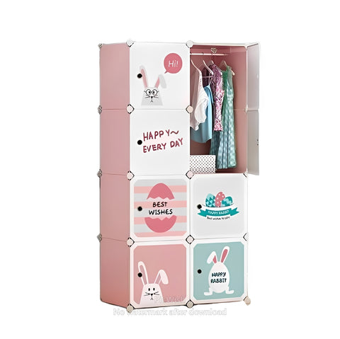 KRISHYAM® Kids Cartoon Collapsible Wardrobe with 2 Hanging Rod & 1 External Hanger Hook | 8/12-Cube Modular Storage Cabinet | Foldable Plastic Cupboard for Clothes, Toys & Books (8/12 Box Rabbit Print)