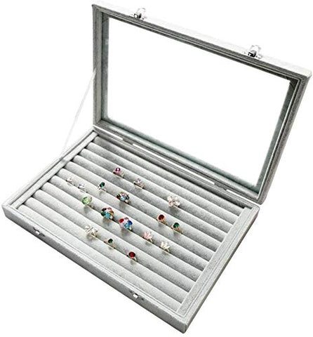 KriShyam® Fabric Glass Jewelry Ring Display Box Tray Holder Storage Box Organizer Display Storage Showcase Holder Organizer, Fabric Glass Tray Holder Storage Box Organizer (Grey)