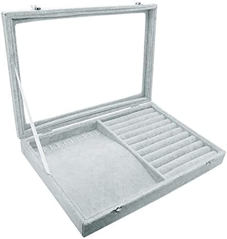 KriShyam ® Ring Earring Necklace Jewelry Storage Organizer 6 Hooks Necklace Organizer & 10 Slot Ring Holder Clear Glass Lid Display Storage Case with Lock