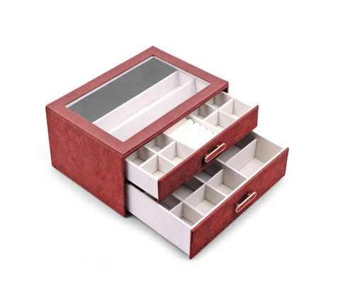BucketList® Premium PU Leather Jewellery Organizer Box with Glass Lid | 2 Pull-Out Drawers Multi-Compartment Storage for Rings, Earrings, Necklaces & Bracelets (2-Layer Jewelry Box (Black, Pink, Red, White)