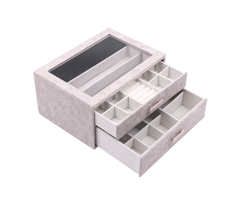 BucketList® Premium PU Leather Jewellery Organizer Box with Glass Lid | 2 Pull-Out Drawers Multi-Compartment Storage for Rings, Earrings, Necklaces & Bracelets (2-Layer Jewelry Box (Black, Pink, Red, White)