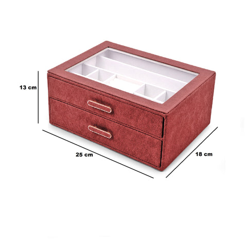 BucketList® Premium PU Leather Jewellery Organizer Box with Glass Lid | 2 Pull-Out Drawers Multi-Compartment Storage for Rings, Earrings, Necklaces & Bracelets (2-Layer Jewelry Box (Black, Pink, Red, White)