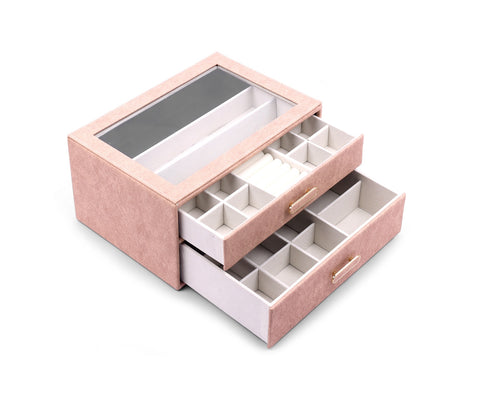 BucketList® Premium PU Leather Jewellery Organizer Box with Glass Lid | 2 Pull-Out Drawers Multi-Compartment Storage for Rings, Earrings, Necklaces & Bracelets (2-Layer Jewelry Box (Black, Pink, Red, White)