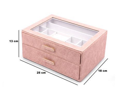 BucketList® Premium PU Leather Jewellery Organizer Box with Glass Lid | 2 Pull-Out Drawers Multi-Compartment Storage for Rings, Earrings, Necklaces & Bracelets (2-Layer Jewelry Box (Black, Pink, Red, White)