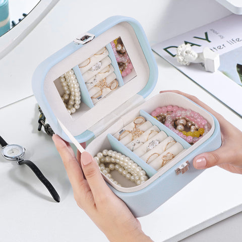 BucketList® PU Leather Jewellery Organizer Box with Mirror | Travel-Friendly Jewelry Storage Case with Ring Slots & Secure Lock (Travel Jewellery Box with Mirror (Black, Blue, Pink, white)