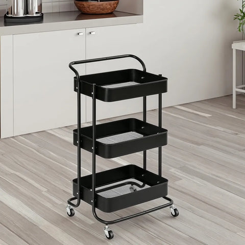 KriShyam ® Rolling Storage Organizer with Wooden Tabletop, Metal Utility, Lockable Wheels for Kitchen, Office, Bedroom (3-Layer Square with Handle)