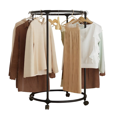 KriShyam® Round Garment Rack with Wheels – Freestanding Metal Clothing Rack, Multi-Purpose Floor-Standing Clothes Organizer for Retail & Home