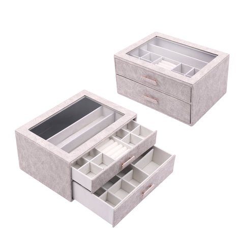 BucketList® Premium PU Leather Jewellery Organizer Box with Glass Lid | 2 Pull-Out Drawers Multi-Compartment Storage for Rings, Earrings, Necklaces & Bracelets (2-Layer Jewelry Box (Black, Pink, Red, White)