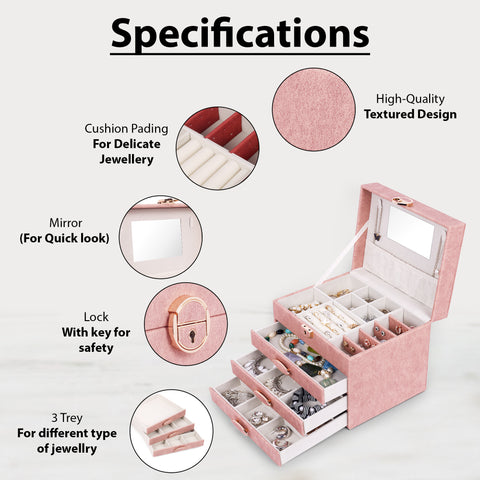 BucketList® Luxury PU Leather Jewellery Organizer Box with Mirror & Lock | 3 Drawer Jewelry Storage Case with Ring Rolls & Compartments (4 Drawers Jewelry Box with Mirror (Black,Gery, Pink, Red
