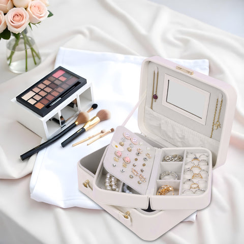 BUCKETLIST® PU Leather Jewellery Organizer Box with Mirror & Necklace Hooks | Large Multi-Compartment Jewelry Storage Case with Removable Tray & Mini Travel Box (Luxury Jewelry Box with Mirror (Black, Pink, Red, White, Cramel)