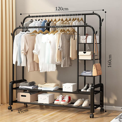 Krishyam® Double Rods Portable Garment Rack Wide Clothes Rail,Metal Clothes Rack with 2 Hanging Rails, 4 Hooks, 4 Side Shelves, and 2 Down Shelves, for Storing Shoes and Clothes