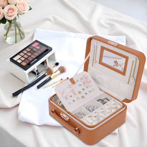 BUCKETLIST® PU Leather Jewellery Organizer Box with Mirror & Necklace Hooks | Large Multi-Compartment Jewelry Storage Case with Removable Tray & Mini Travel Box (Luxury Jewelry Box with Mirror (Black, Pink, Red, White, Cramel)