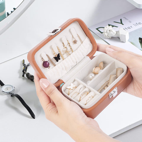 KRISHYAM® Portable Travel Jewelry Box Organizer – Compact PU Leather Case, Ring Holder & Necklace Hooks – Ideal for Women & Girls (Black, Brown, Caramel, Pink, White, Wine Red)