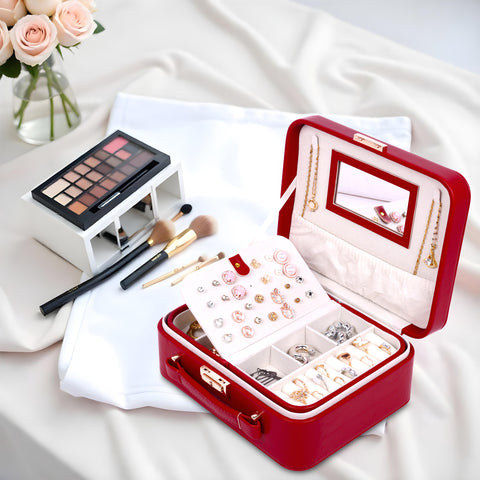 BUCKETLIST® PU Leather Jewellery Organizer Box with Mirror & Necklace Hooks | Large Multi-Compartment Jewelry Storage Case with Removable Tray & Mini Travel Box (Luxury Jewelry Box with Mirror (Black, Pink, Red, White, Cramel)