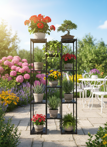 KRISHYAM® 11-Tier Plastic Flower Stand for Indoor & Outdoor | Multi-Layer Plant Display Rack for Pots | Rust-Free, Heavy-Duty Garden Organizer Shelf (BLACK, 11 TIER)
