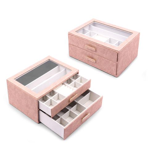 BucketList® Premium PU Leather Jewellery Organizer Box with Glass Lid | 2 Pull-Out Drawers Multi-Compartment Storage for Rings, Earrings, Necklaces & Bracelets (2-Layer Jewelry Box (Black, Pink, Red, White)