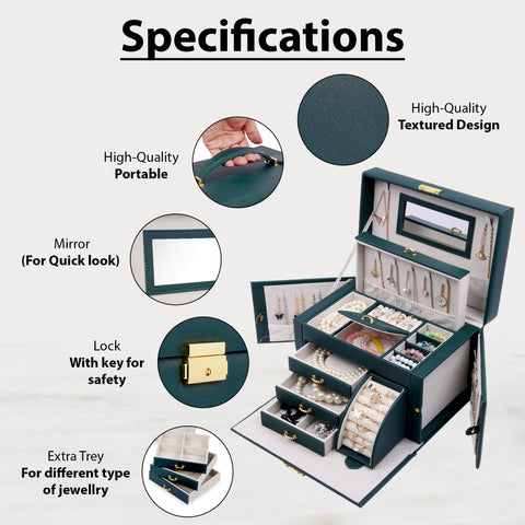 KRISHYAM® Jewelry Box, 4 Layer Leather Jewelry Boxes, Jewelry Organizer with Mirror and Lock for Girls Women Bracelets Rings Necklaces Earrings (Black, Green, Pink, White)