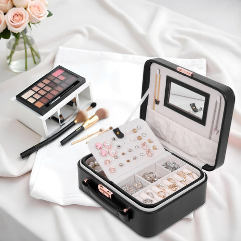 BUCKETLIST® PU Leather Jewellery Organizer Box with Mirror & Necklace Hooks | Large Multi-Compartment Jewelry Storage Case with Removable Tray & Mini Travel Box (Luxury Jewelry Box with Mirror (Black, Pink, Red, White, Cramel)