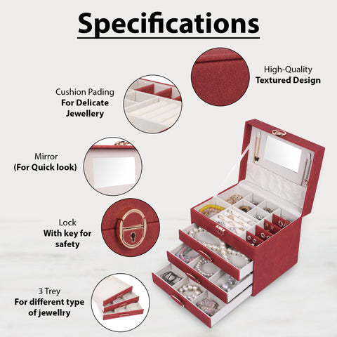 BucketList® Luxury PU Leather Jewellery Organizer Box with Mirror & Lock | 3 Drawer Jewelry Storage Case with Ring Rolls & Compartments (4 Drawers Jewelry Box with Mirror (Black,Gery, Pink, Red