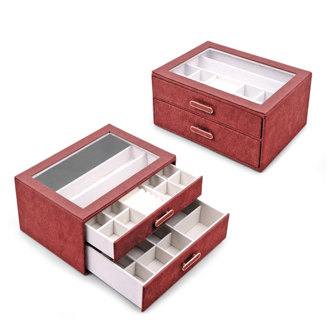 BucketList® Premium PU Leather Jewellery Organizer Box with Glass Lid | 2 Pull-Out Drawers Multi-Compartment Storage for Rings, Earrings, Necklaces & Bracelets (2-Layer Jewelry Box (Black, Pink, Red, White)