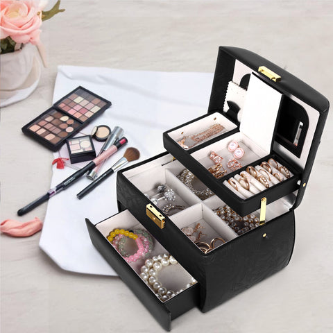 KRISHYAM® Luxury Lockable 3 Layer Leather Jewelry Box Organizerwith Mirror, Drawer & Key – Black Faux Leather Travel Case for Women & Girls