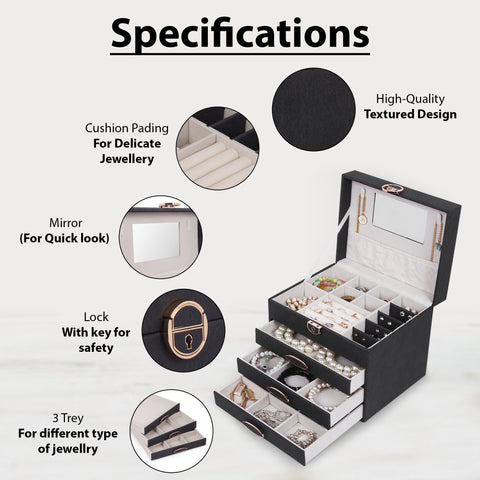 BucketList® Luxury PU Leather Jewellery Organizer Box with Mirror & Lock | 3 Drawer Jewelry Storage Case with Ring Rolls & Compartments (4 Drawers Jewelry Box with Mirror (Black,Gery, Pink, Red