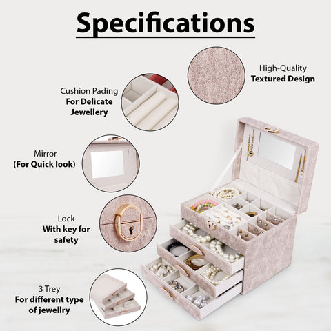BucketList® Luxury PU Leather Jewellery Organizer Box with Mirror & Lock | 3 Drawer Jewelry Storage Case with Ring Rolls & Compartments (4 Drawers Jewelry Box with Mirror (Black,Gery, Pink, Red