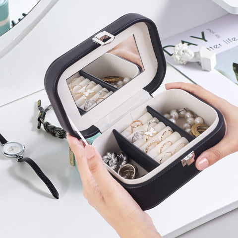 BucketList® PU Leather Jewellery Organizer Box with Mirror | Travel-Friendly Jewelry Storage Case with Ring Slots & Secure Lock (Travel Jewellery Box with Mirror (Black, Blue, Pink, white)