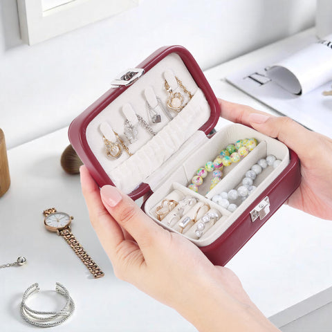 KRISHYAM® Portable Travel Jewelry Box Organizer – Compact PU Leather Case, Ring Holder & Necklace Hooks – Ideal for Women & Girls (Black, Brown, Caramel, Pink, White, Wine Red)