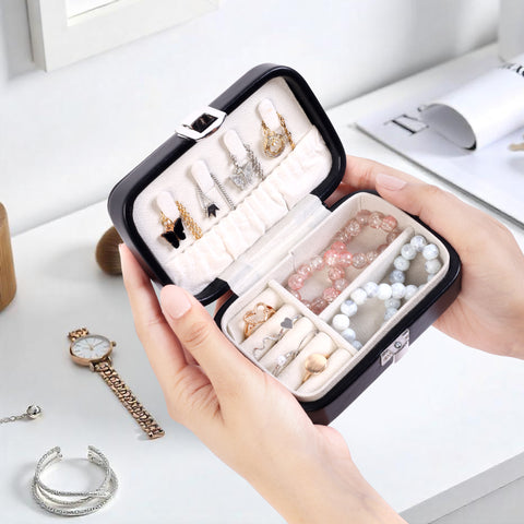 KRISHYAM® Portable Travel Jewelry Box Organizer – Compact PU Leather Case, Ring Holder & Necklace Hooks – Ideal for Women & Girls (Black, Brown, Caramel, Pink, White, Wine Red)