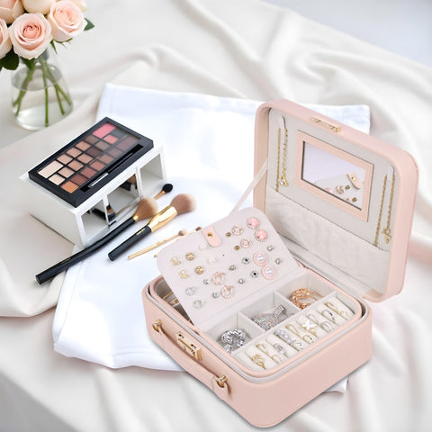 BUCKETLIST® PU Leather Jewellery Organizer Box with Mirror & Necklace Hooks | Large Multi-Compartment Jewelry Storage Case with Removable Tray & Mini Travel Box (Luxury Jewelry Box with Mirror (Black, Pink, Red, White, Cramel)