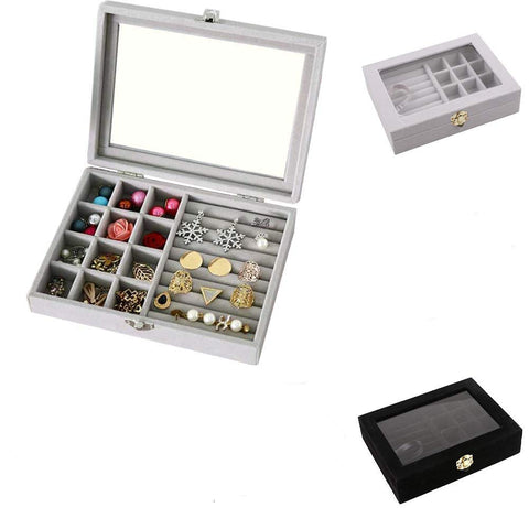 LockWomen ஜூவல்லரி ஸ்டோரேஜ் பேக்கேஜிங்குடன் கூடிய கிரிஷ்யாம்® மூடி நகைப் பெட்டி அமைப்பாளர் (9 வரிசைகள் காதணி மோதிரம் கேஸ் 9 கிரிட்) பெண்கள்/பெண்களுக்கான நகை சேமிப்பு பெட்டி (2 இல் 1)