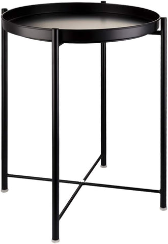 KRISHYAM® Foldable Round Side Table with Removable Tray Top, 47 cm Metal Tray Table with Collapsible X-Frame & Anti-Slip Feet, Bedside End Coffee Table for Sofa, Living Room & Bedroom, Black