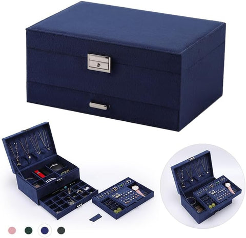 KRISHYAM® 3-Layer Velvet Jewelry Storage Box with Lock – Multi-Compartment Organizer Case for Rings, Earrings, Bracelets, Necklaces & Watches (Blue)